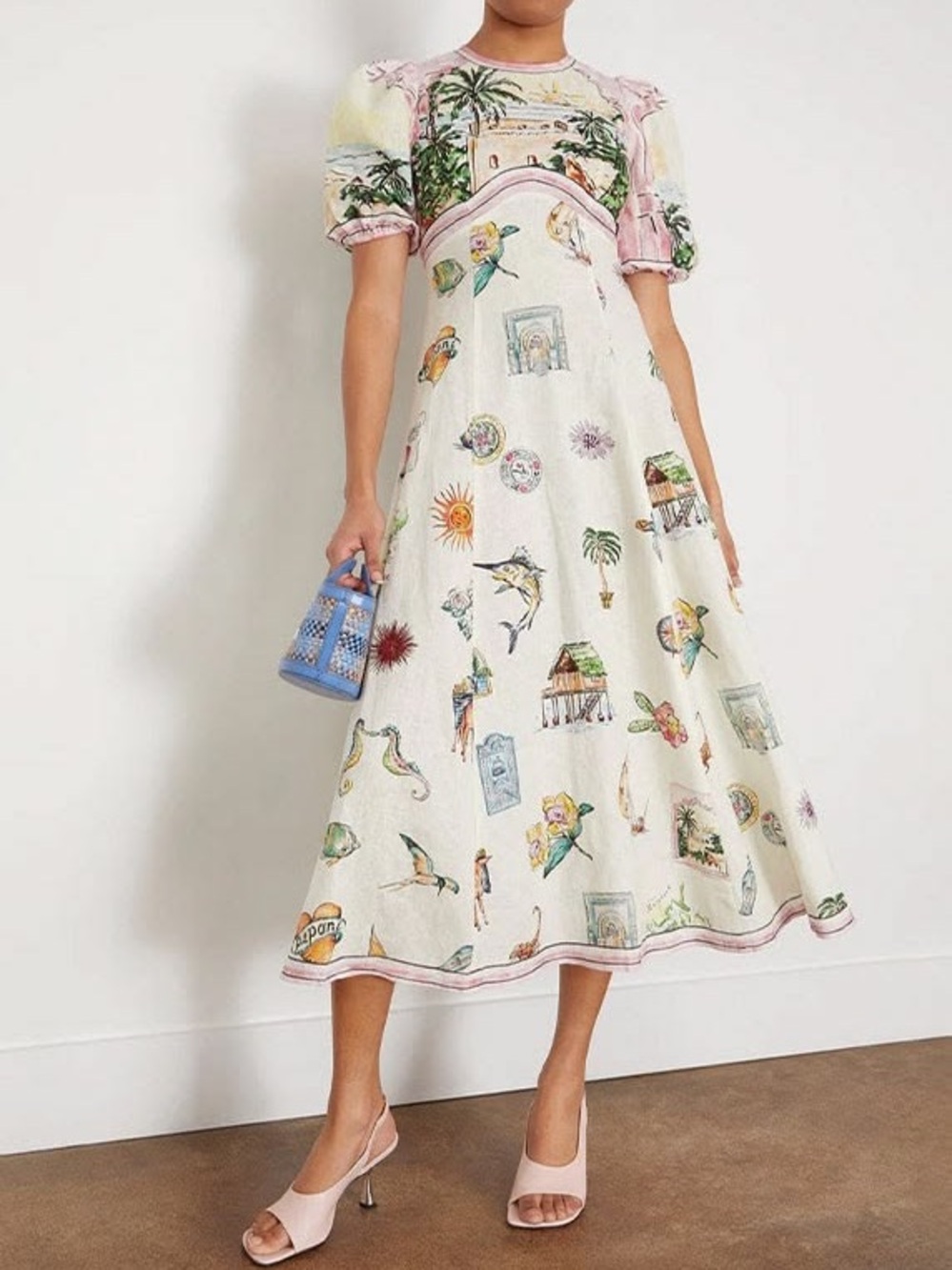 Printed Puff-Sleeve Midi Dress in Cream and Pastel Pink